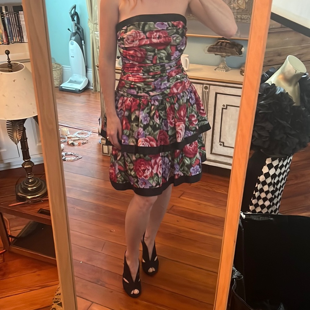 Victor Costa quality- AJ Bari strapless vintage 80s rose print dress